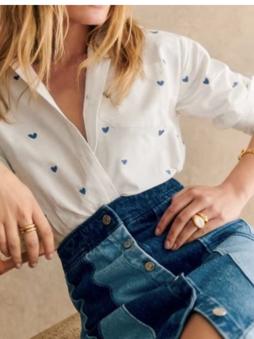 NWOT Sezane Max Button-Down Shirt in Ecru Blue Heart Print Cotton FR34/US2